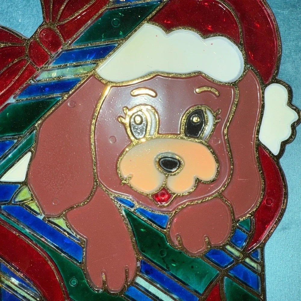 Vintage 80s Christmas Puppy Suncatcher Faux Stained Glass Giftco